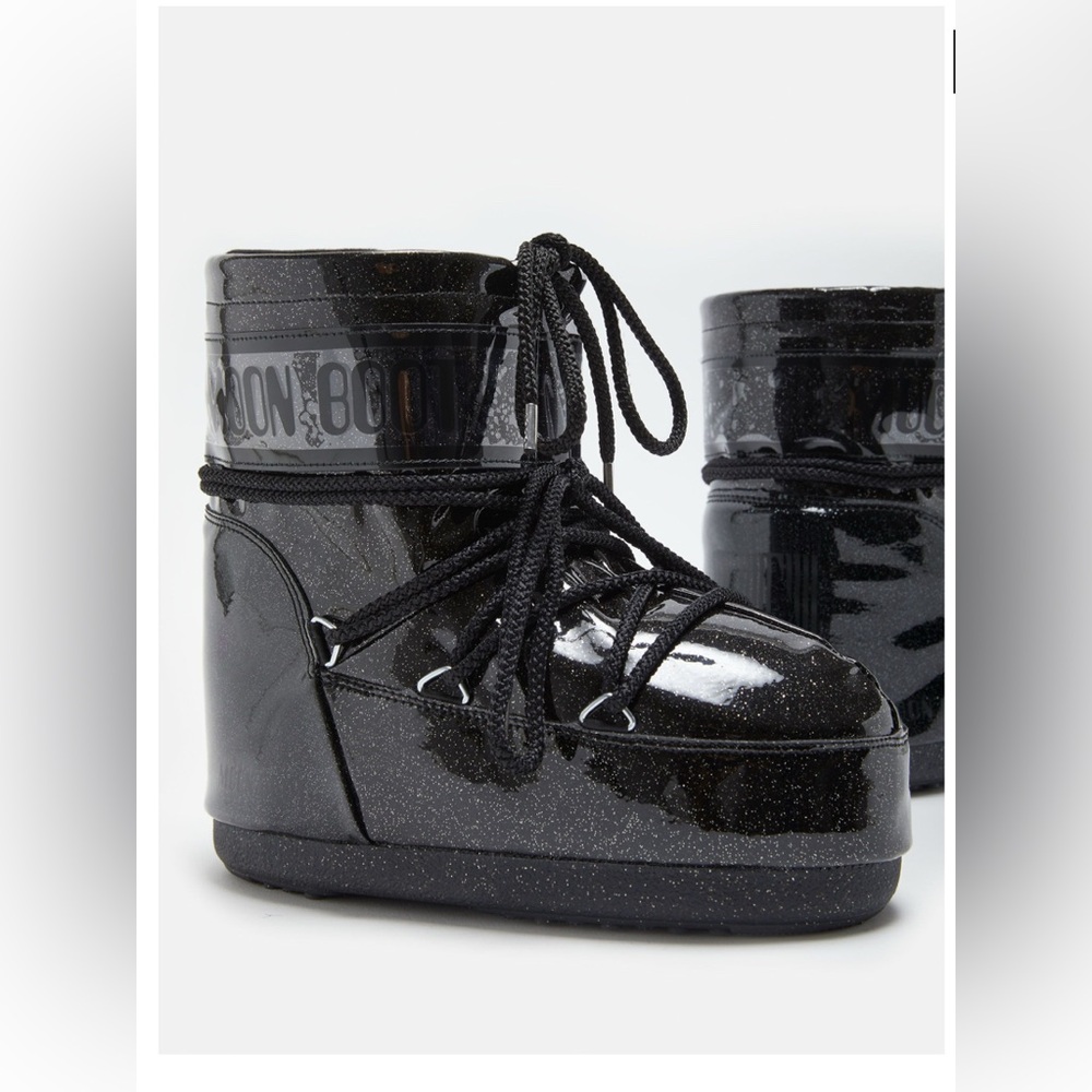 SOLD - NWOB MOON BOOT- ICON LOW GLITTER NERO BLACK PATENT LEATHER 7/8.5 …39/41